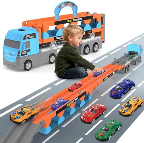 Carrier Truck Race Track Toddler Toys, Foldable 3 Layer Toddler Race Car Track, 55″ Transport Truck Includes 8 Die-Cast Metal Cars, Suitable for Boys and Girls Aged 3-8 and Above