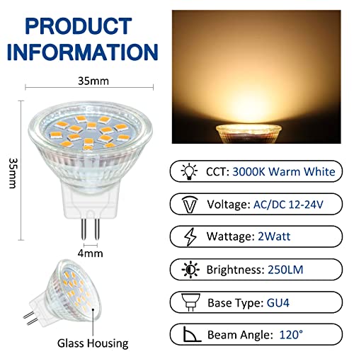 MR11 GU4 2W LED Warm White 3000K, 250LM, 35mm Small Size, AC DC 12V-24V, 120° Angle with Glass Cover - Image 2