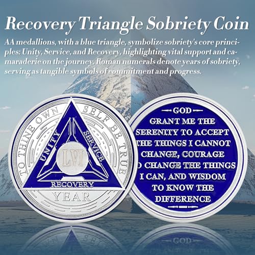 Image of Recovery Triangle 56 Year Sobriety Coin - Silver Roman Numeral NA AA Coins - 1-65 Prime NA /HA /AA Chips and Medallions - Narcotics Alcoholics Anonymous Sober Gifts for Men Women