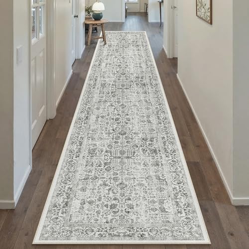 PureCozy Black Runner Rug 2'6"x12' Washable Carpet for Hallway Kitchen Vintage Distressed Non Slip Indoor Retro Floral Bedroom Accent Throw Long Rug Bathroom Office Laundry Dining Living Roo