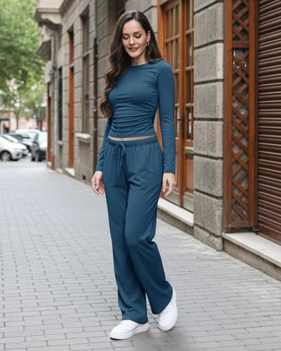 Image of ZOOSIXX Lounge Sets for Women - 2 Piece Outfits Crop Tops with Fold Over Flare Leggings Fall Loungewear Fitted Pajama