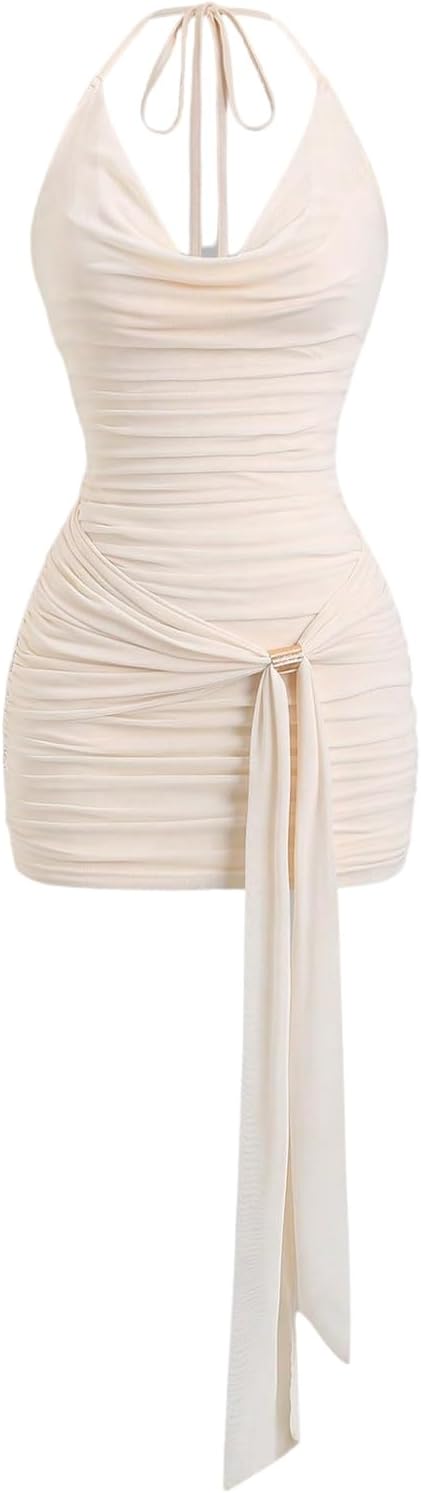Floerns Women's Going Out Y2K Sexy Halter Dress Sleeveless Draped Ruched Side Tie Front Backless Party Mini Dresses