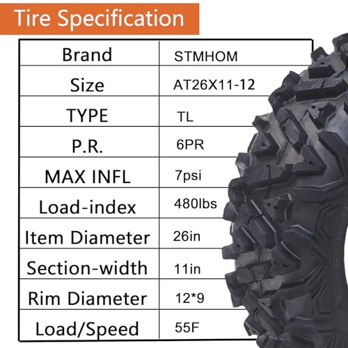 26x11-12 ATV Tires ATV/UTV Trail Sand Off-Road Tires 26x11-12, All Terrain 20mm Tread Depth 26x11x12, 6 PR, Tubeless 2PCS