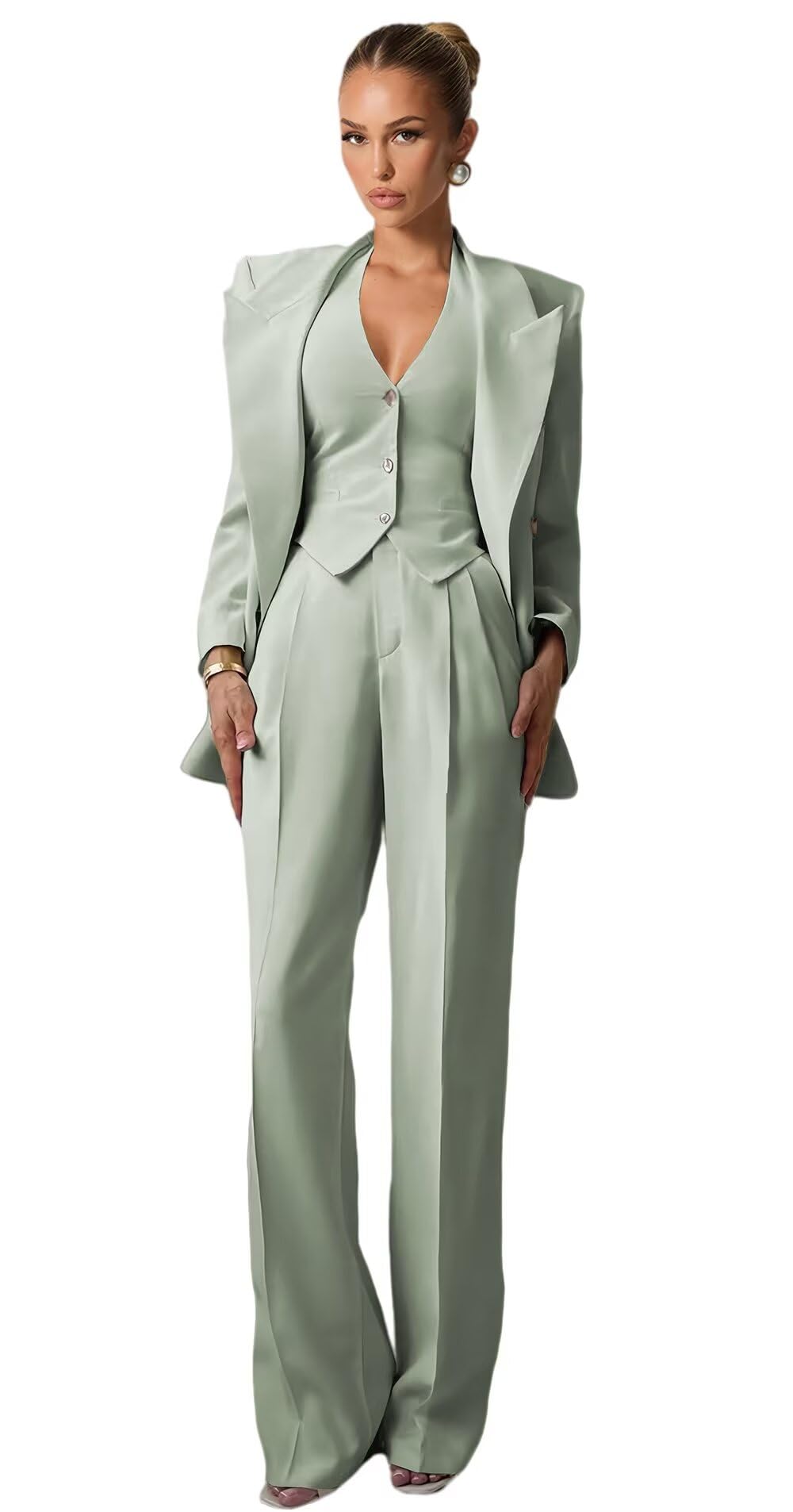 Suits for Women Plus Size Business Casual 3 Piece Womens Suits Dressy Elegant Set 6 Button Peak Lapel