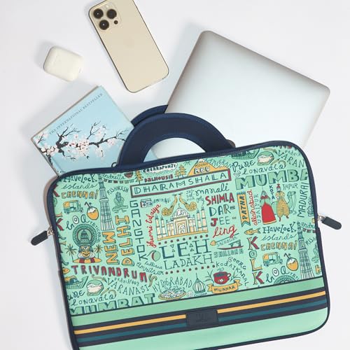 Image of Chumbak TEAL Traveller's Laptop Sleeve a€ inch 15 Inch, Blue, Soft Padded Laptop Case with Foldable Handles, Lightweight and Trendy for Office, College and Travel