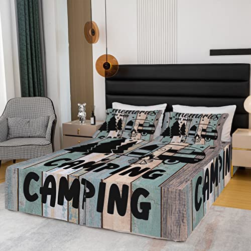 Rustic Bed Skirt For Children Boys Teens Cute Camping Bed Skirts, Happy Camping Bedskirt Farmhouse Bedding Set For Women Girls Camper Bedroom Decor King, Birthday Gifts For Boys Girls Camper Lovers #TOP2