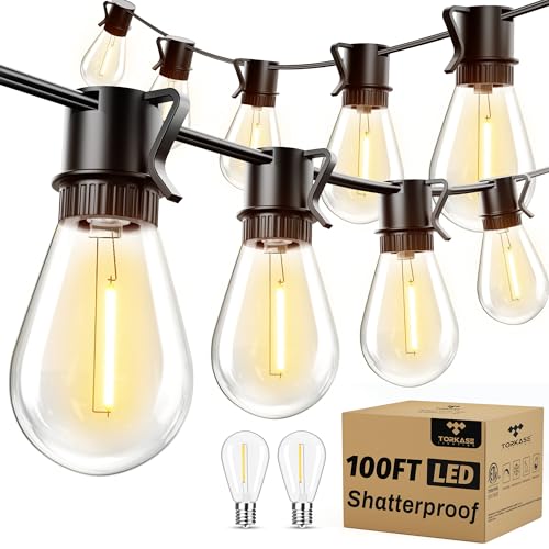 Torkase 100FT Outdoor String Lights LED, 30+2 S14 Shatterproof Bulbs,