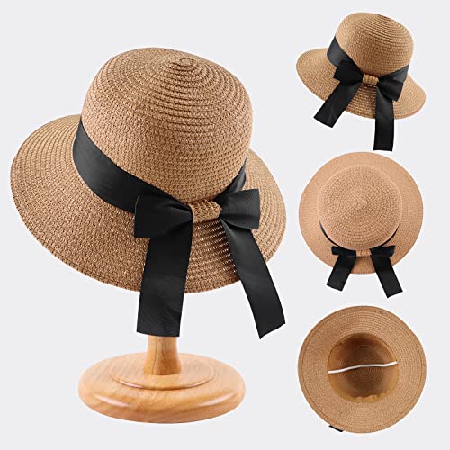 Zsedrut Women,Little Girls Straw Sun Hat Summer Beach Cap Foldable Visor Floppy Hats Wide Brim with Bowknot2