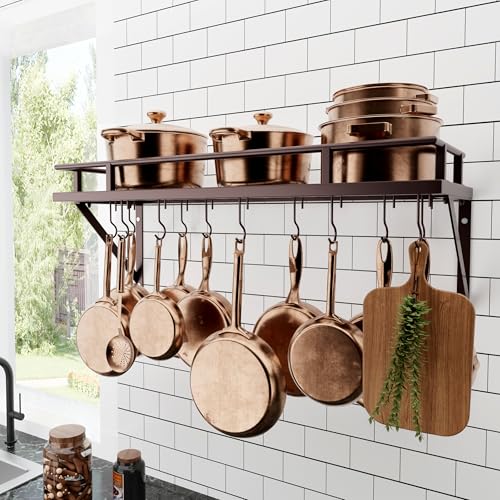 KES 30-Inch Oiled Bronze Pot Rack, Wall Mounted Hanging Pot and Pan Organizer with 12 Sturdy Hooks, Kitchen Wall Hanger Shelves Farmhouse Style, KUR215S75A-OB