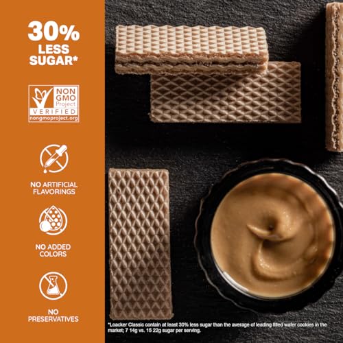 Image of Loacker Classic Peanut Butter Wafers - Premium Crispy Wafer Cookies with Peanut Butter Cream Filling - Multipack of 12 snack packs - NON-GMO - Creamy PB - 45g /1.59oz, Pack of 12
