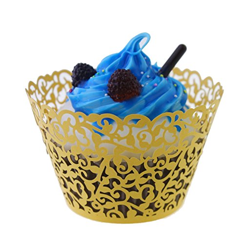 Filigree Artistic Hollow Out Bake Cake Paper Cups Little Vine Lace Laser Cut Liner Cupcake Wrappers Baking Cup Muffin Holder Case for Wedding/Birthday/Afternoon Tea Party Decoration (50, Gold) - Thumbnail 3