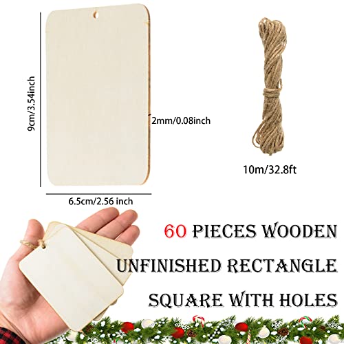 60 Pcs Wooden Tags 2.5 X 3.5 Inch Unfinished Wood Pieces Rectangle Square Wooden Cutouts With Holes Wood Ornaments With 32.8Ft Rope For Holiday Gift Tags Diy Craft Hanging Decorations Painting #TOP1