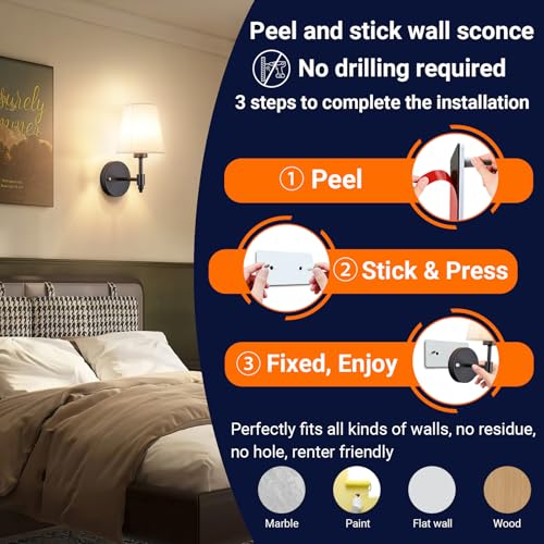 Image of YHCDLAMP Peel and Stick Wall Sconces, No Drilling Stick On Wall Sconce, Wireless Battery Operated Wall Lights, Adhesive Wall Lamp with 10000mAh Battery Bulb for Bedroom Living Room Decor