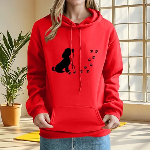 KOG Hoodie für Damen Baumwolle Kapuzenpullover Hunde-Print Hoodies 2025 Sweatshirt mit Kapuze Frau Kleidung Winter Hooded Sweatshirt Warmes Warme Oversized Pullover Bekleidung Rot S
