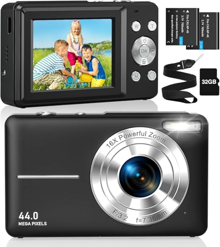 Digitalkamera Fotoapparat 1080P 44MP Fotokamera mit 16X Digitalzoom Tragbare Kompaktkamera Vlogging Digitalkamera für Kinder Teenager Anfänger