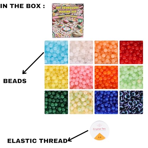 Image of ambitieux Bracelet Making Craft Kit 12 Types of Colorful 400+ pcs of Plastic Beads with Elastic (Light 12 Moon with Evil Eye)