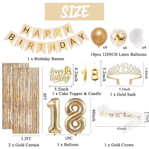 Image of Trgowaul Happy 18th Birthday Decorations for Girls, Banner, Sash and Crown, Cake Topper, 18 Number Balloon, Fringe Curtains, Champagne Gold 18th Birthday Party Supplies