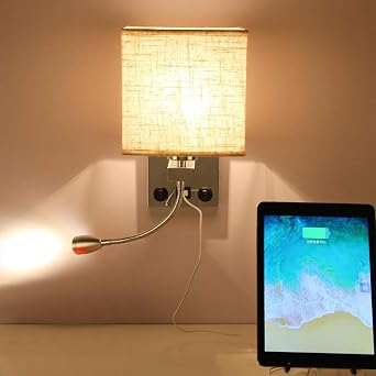 Bedside Wall Light, E27 Polished Chrome Wall Lamp with Adjustable LED Gooseneck Reading Light - 2 in 1 Reading Soft Light Wall Lamp with 2 Lights 2 Switches for Bedroom Living Room Home