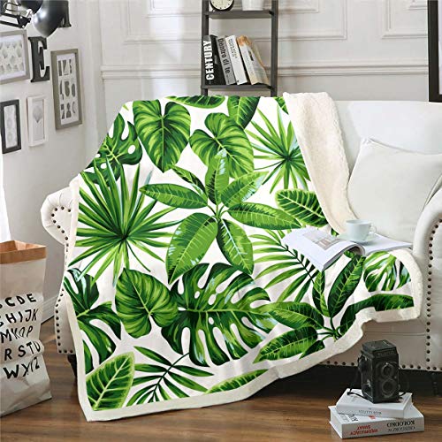 Tropical Fleece Throw Blanket with Botanical Leaves Sherpa for Men Women, Adults