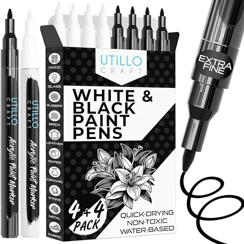 Utillo Craft Black and White Paint Pens (8-Pack) Extra Fine 0.7mm | Paint Markers for Metal, Fabric, Wood, Glass, Paper, Plastic, Rock, Leather | Bold Color Permanent Black and White Acrylic Markers