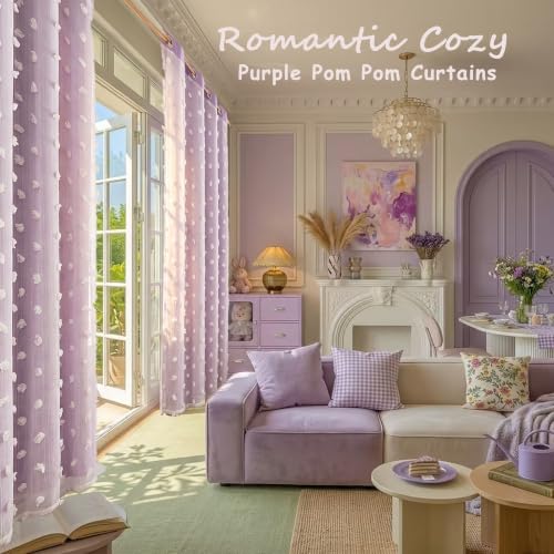 Image of Purple Room Darkening Curtains for Girls Nursery Bedroom 52x63 in | 80% Blackout Double Layer Curtains with Pom Pom Sheer Overlay, Grommet Privacy Drapes for Toddler Bedroom Decor, 2 Panels