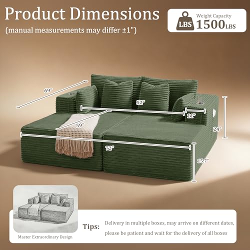 Image of 72 inch Cloud Sectional Couch, Comfort Sleep Sofa for Living Room, Extra Deep Seats No Assembly, Minimalist Modular Couch, Corduroy (Olive Green, Loveseat Chaise)