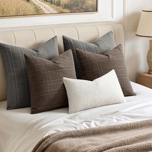 Image of MIULEE Decorative Linen Check Lumar Throw Pillow Covers Neutral Farmhouse Vintage Pillow Covers 24x24 Inch Set of 2 Boho Modern Home Decor for Sofa Couch Bedroom Cushion Chair Charcoal Gray
