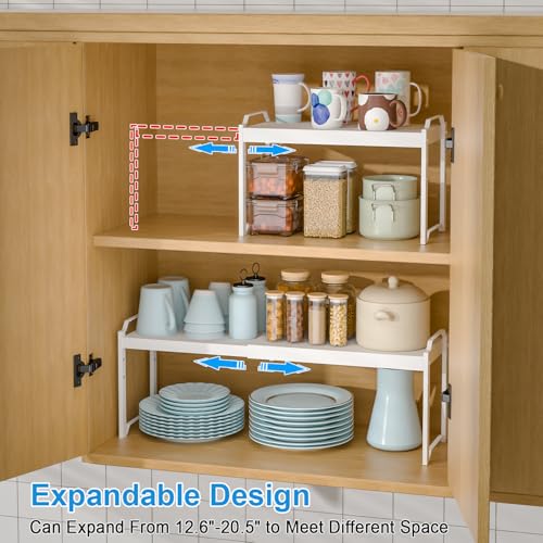 Image of Set of 2 Expandable Kitchen Cabinet Shelves Organizers, Stackable Adjustable Small Storage Shelf Rack Stand For Pantry Cabinet Cupboard Kitchen Counter Organization, 22 lbs Capacity, Length:20.5 inch