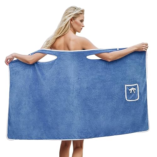 PAIDAXING Toalla de baño para mujer, absorbente, de secado rápido, con tirantes, con bolsillo, para adultos, para playa, spa, sauna, bata de baño, azul, talla única