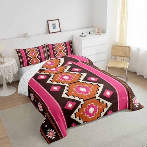 Image of Feelyou Boho Aztec Comforter Set King Size West Bedding Set for Kids Boys Girls Pink Brown Duvet Quilt Western Bedroom Decor Microfiber 3 Pcs with 2 Pillow Cases