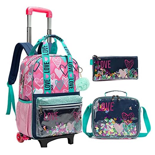 Wenlia Mochila con ruedas, estuche para lápices, bolso de hombro 3 en 1, mochila para estudiantes, letras de lentejuelas, mochila con ruedas, estuche para equipaje para niñas