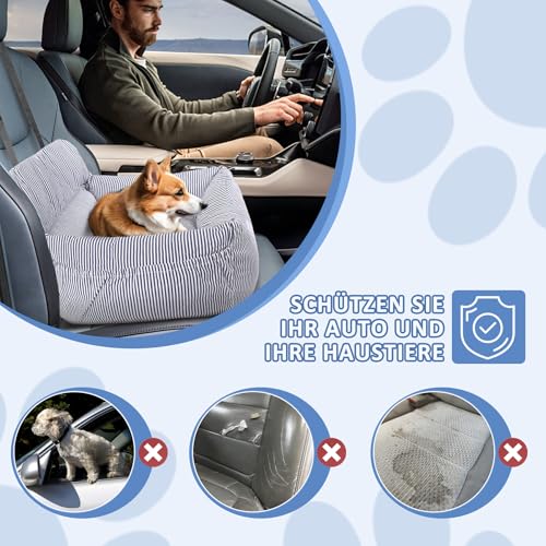 CALIYO Hundeautositz mit Stabiler Basis & Sicherheitsgurt | Hundesitz Auto für Kleine bis 10 kg | Memory Foam-Sitzauflage | Wasserdichter, Abwaschbarer Hundekorb mit Aufbewahrungstasche (Blau/Weiß)