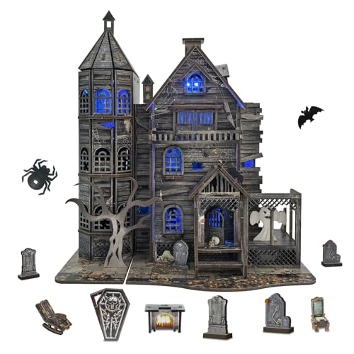 FLYINTOYS DIY Miniature House Kit, Haunted House Halloween 3D Wooden