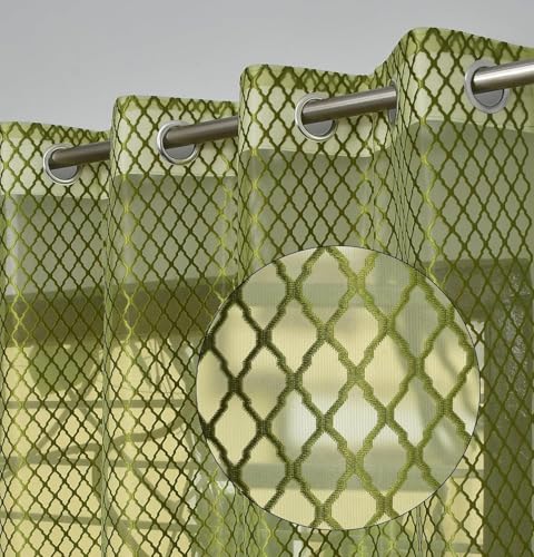 Image of IVAZA Heavy Premium Polyester Beautiful Moroccan Trellis Design Transparent Net Curtains | Modern Parde for Living Room Bedroom | Home Office Screens Window- 5 Feet (Pack of 1) Green