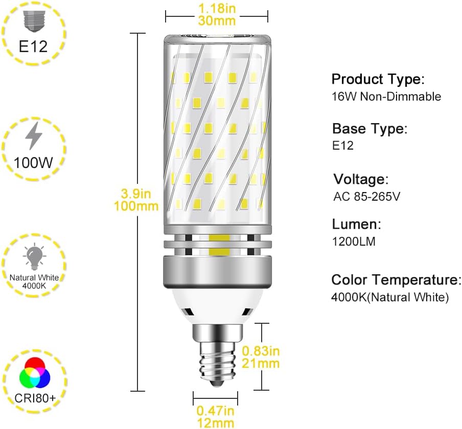 inShareplus LED Light Bulb, 16W E12 Base, 1500LM 120W Equivalent, Non-Dimmable, Nature White 4000K, 6Pack