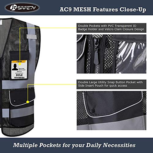 Image of JKSafety 9 Pockets High Visibility Zipper Front Safety Vest With Reflective Strips,HQ Breathable Mesh, Oxford Fabric for pocket materials. Black Meets ANSI /ISEA Standards (XX-Large, 110-Black)