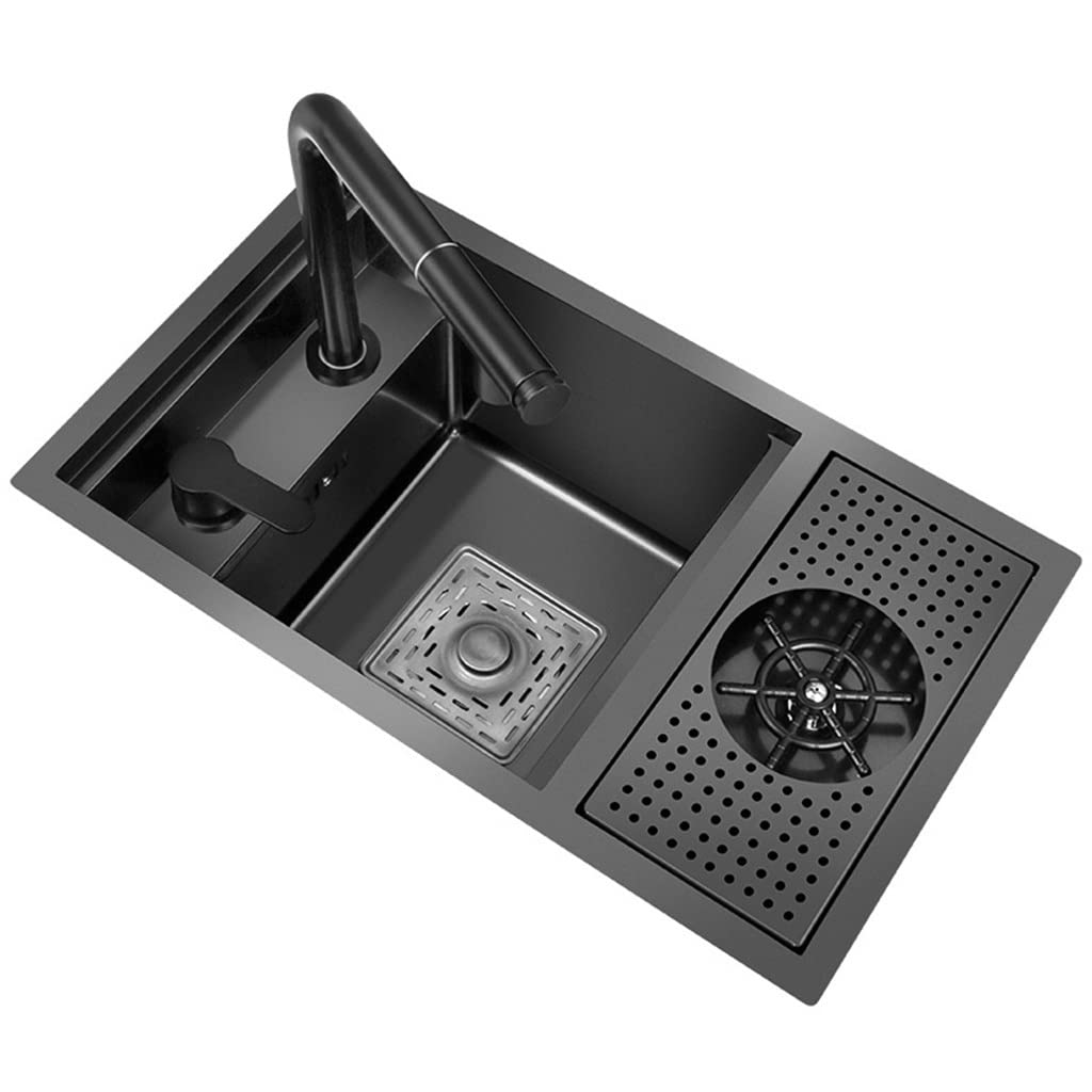 Fregadero de un seno negro de 60x40x22 cm con lavavasos integrado para cocina de acero inoxidable