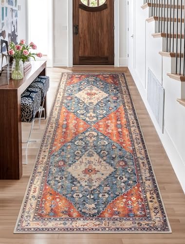 SERISSA Washable Boho Runner Rug, 2'6"x8' Non-Slip Tribal Hallway Kitchen Rug Ultra Soft Print Distressed Vintage Floor Carpet Runner for Bedroom Bathroom Laundry Living Room