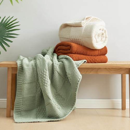 Amélie Home Checkered Chenille Knit Throw Blanket for Couch, Classic Texture Decorative Soft Blanket for Sofa, Chair & Bedroom, 60"x80", Ivory