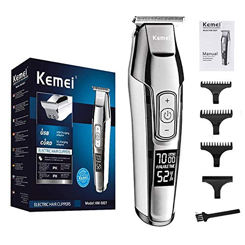 KEMEI Aparador de cabelo masculino sem fio, barbeiro, profissional, visor LCD, 0 mm, cortador de barba careca elétrico recarregável por USB Prata(XSH-5027)