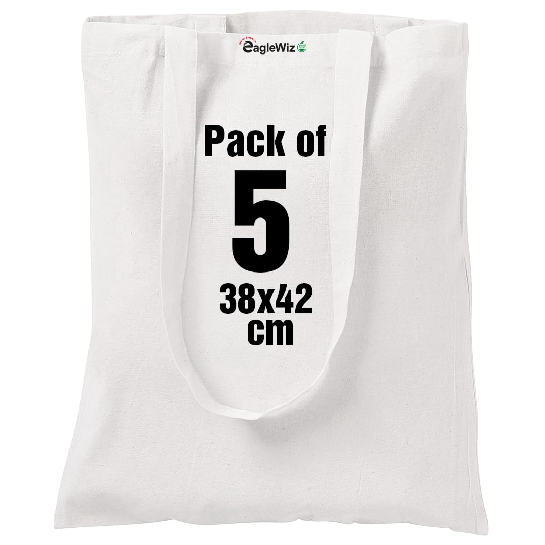 EagleWiz Natural Cotton Tote bag, reusable canvas tote bags, plain tote bags eco friendly super strong Shopper bag washable 38cm x 42cm pack of 5 โ image 1