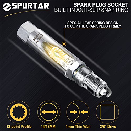 Image of Spurtar 14mm 16mm Spark Plug Socket Set Thin Wall 12-Point 3 /8-Inch Drive