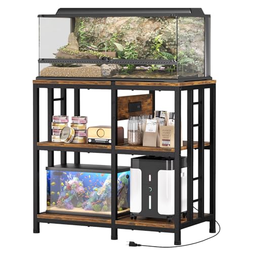 Image of 20-29 Gallon Fish Tank Stand with Power Strip, 3-Tier Metal Aquarium Stand, 31.5 inch L x 16.5 inch W for 20 Gallon Long Aquarium, 400 lbs Capacity, Retro Brown