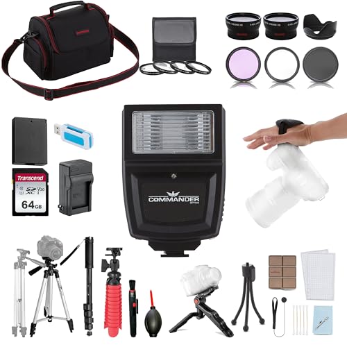 58mm Accessory Bundle for Canon EOS Rebel T7, T6, T5, T3, T100, 4000D, 2000D, 3000D and More with 64GB Memory Card, Wide Angle Lens, Telephoto Lens, Tripod, Carrry Case, Cleaning Kit