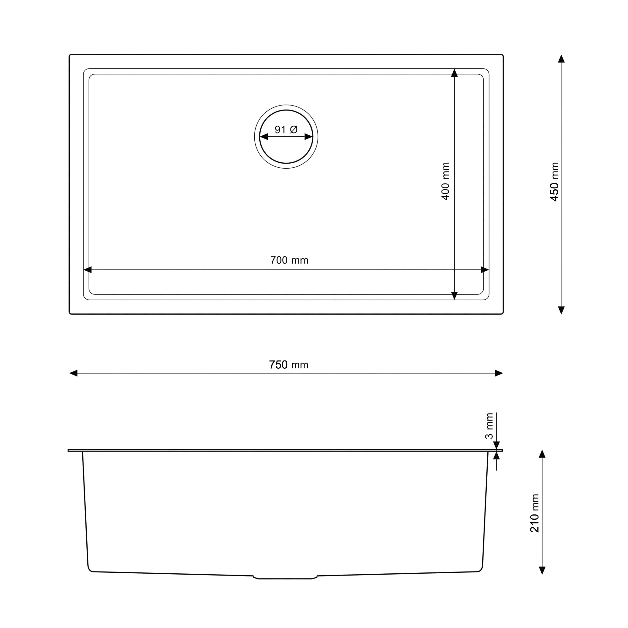 Granitan Évier de Cuisine en Acier Inoxydable avec Siphon 44,7x74,8 cm - Évier encastrable en Acier Silvo75 - avec trou pour Robinet - Or