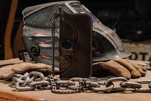 Image of House of Jack Co. Skull Grommet Long Bifold Wallet for Men, Add Your Chain Biker Wallet, Full Grain Cowhide Leather Wallet, Black