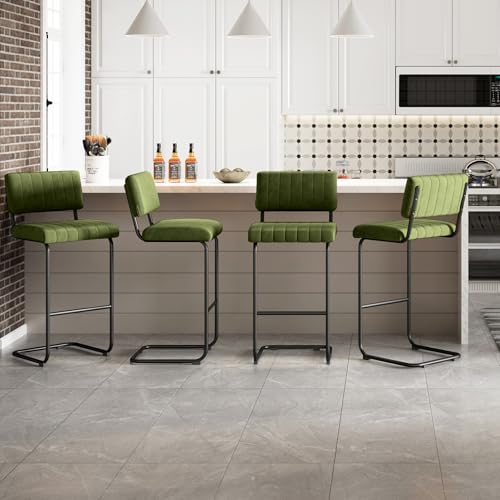 Image of ONEVOG 30 Inch Seat Height Green Velvet Bar Stools with Back and Cantilever Metal Leg, Mid Century Modern Upholstered Fabric Barstools, Tufted Tall Chairs for Kitchen Island /Counters /Pub, Set of 2