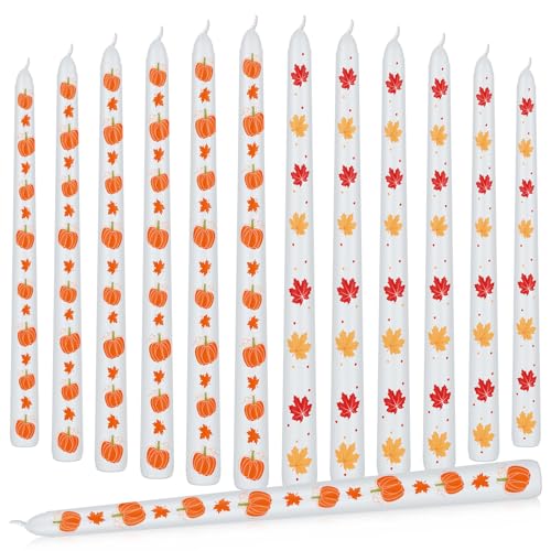 Threlaco 12 Pcs Fall Taper Candles 10 Inch Tall Unscented Candle Sticks Pumpkin Maple Leaf Thanksgiving Decorative Candle Set Autumn Gifts Holiday Decor for Dinner Table Home Thanksgiving Party Decor