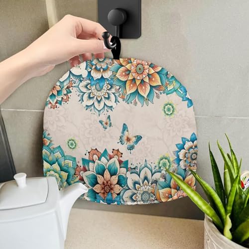 Image of Tea Cozy Tea Pot Cosy Insulating Thermal Tea Kettle Quilt Breakfast Warmer Thick Wadding Teapot Warmer for Teapot Decor Home Kitchen Decoration, Boho Flower Butterfly