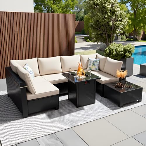 Ophelian 8 Pcs Patio Furniture Set with Fire Pit Table Wicker Outdoor Sectional Sofa, Conversation Set Perfect for Backyard, Garden, Deck (Deep Brown/Beige)